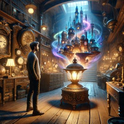 The primary subject of the image is a man standing in a room with a clock on the wall. The setting is a library, as indicated by the presence of numerous books on the shelves. The visual style is a combination of photo and digital art, creating a surreal and fantastical atmosphere. The dominant colors are purple and blue, which contribute to the dreamy and imaginative mood of the scene.